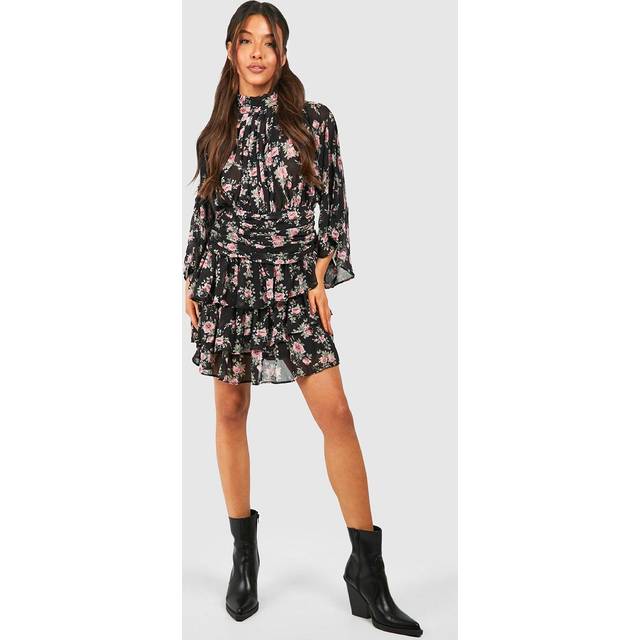Womens Floral High Neck Pleat Detail Skater Dress - Black - 12