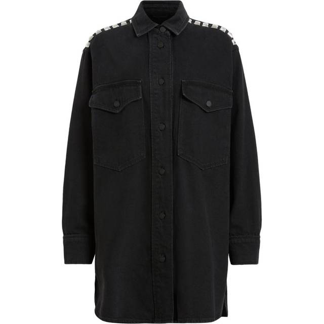 Allsaints Womens Black Lily Stud-embellished Relaxed-fit Denim Mini Dress L - BLACK
