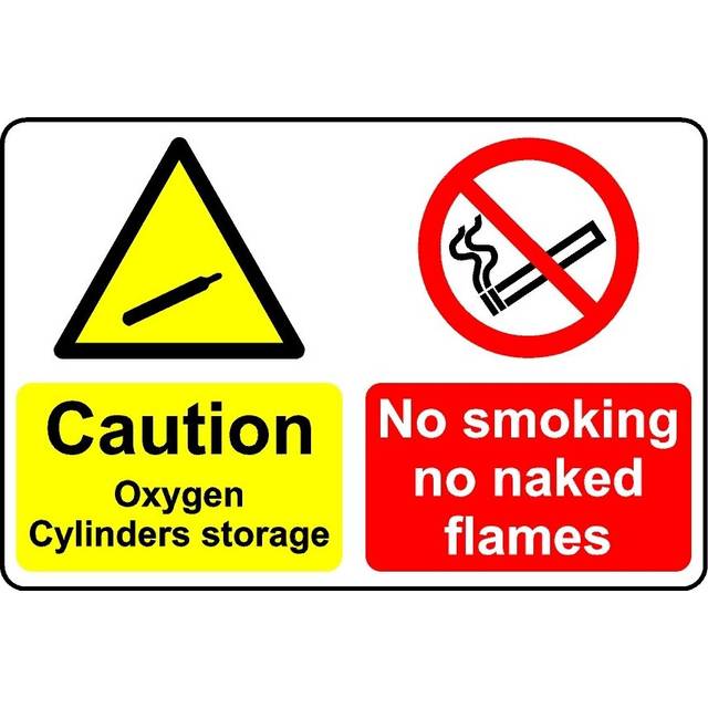 Caution oxygen cylinder storage no smoking or naked flames safety sign - 3mm Aluminium sign - 300mm x 200mm