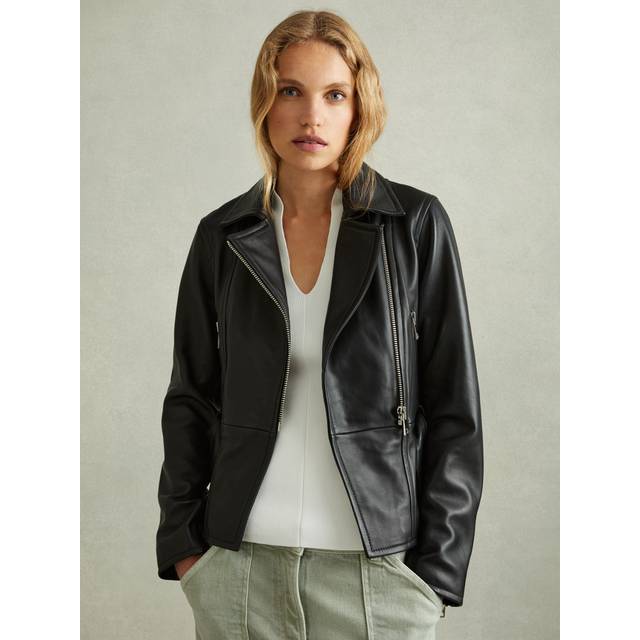 Reiss Womens Black Febe Belted-waist Regular-fit Leather Jacket 10 - BLACK