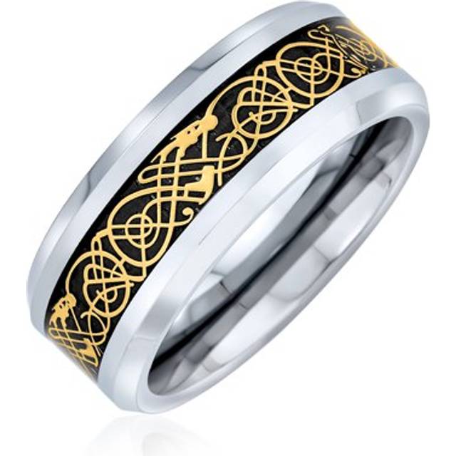 Bling Jewelry Golden Black Silver Two Tone Celtic Knot Dragon Inlay Couples Titanium Wedding Band RingsÂforÂMen for Women 8MM