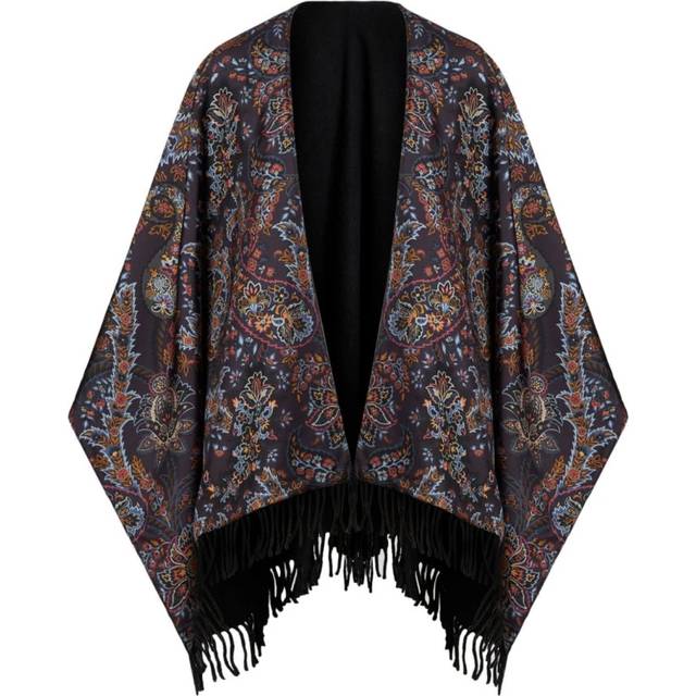 Fringed Wool & Silk Cape - PRINT ON BLACK BASE