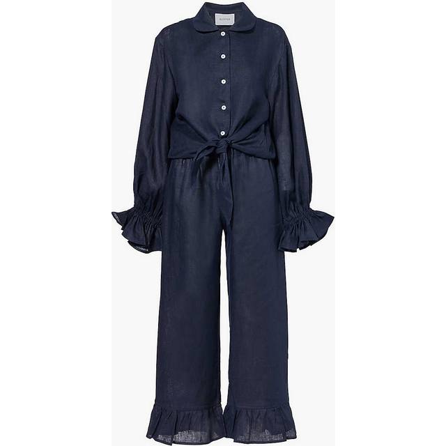 Sleeper Womens Vy Rumba Ruffled-cuff Linen Pyjama Set M - NAVY