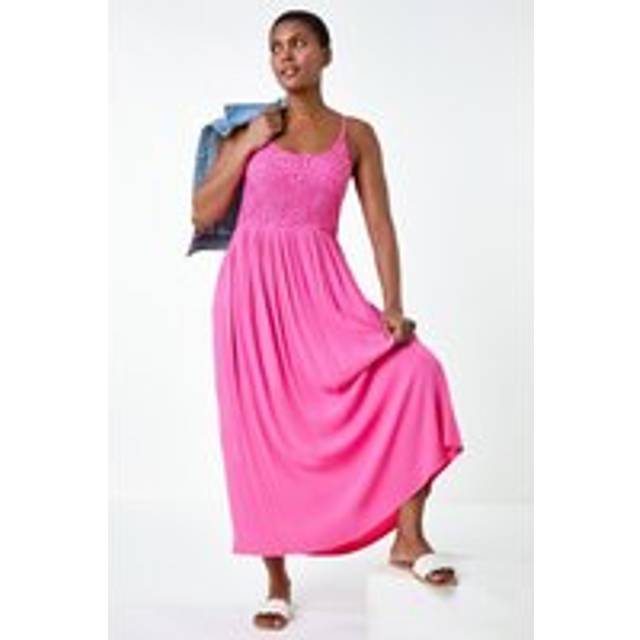 Roman Fuchsia Lace Bodice Shirred Midi Dress - Size 20
