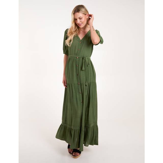 Blue Vanilla Womens Button Through Tie Maxi Dress - Khaki - Size 16 UK