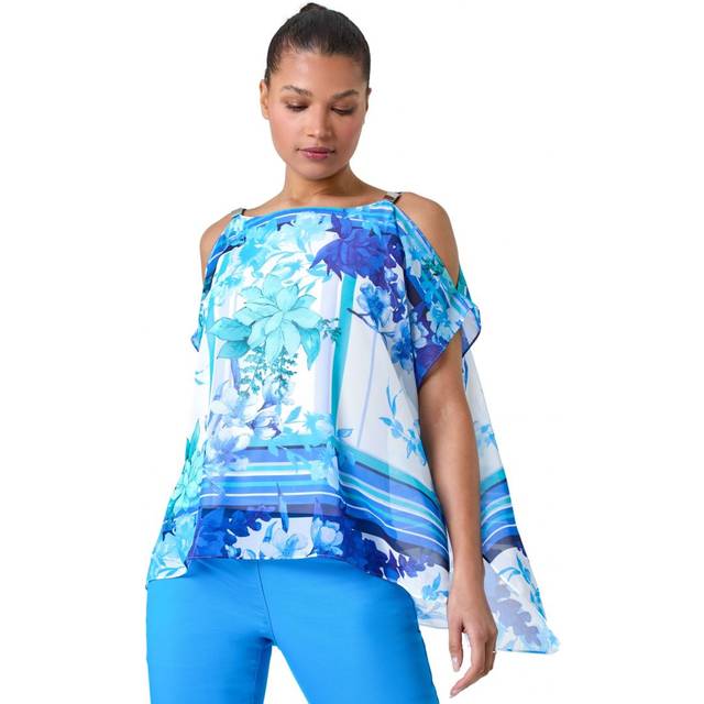 Roman Blue Floral Print Cold Shoulder Overlay Top - Size 14