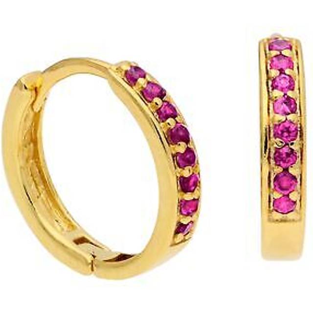 Gold Plated Sterling Silver Ruby CZ Pave 15mm Hoop Earrings