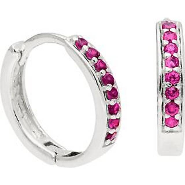 Sterling Silver Ruby CZ Pave 15mm Huggie Hoop Earrings