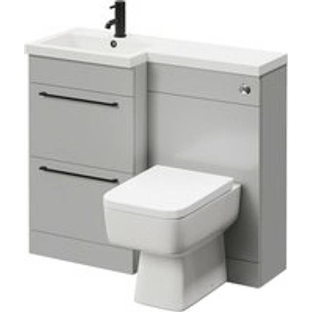 Napoli Combination Vanity Unit Toilet Suite with Left Hand L Shaped 1 Tap Hole Basin and 2 Drawers with Matt Black Handles | Gloss Grey Pearl | Plastic | 1000mm