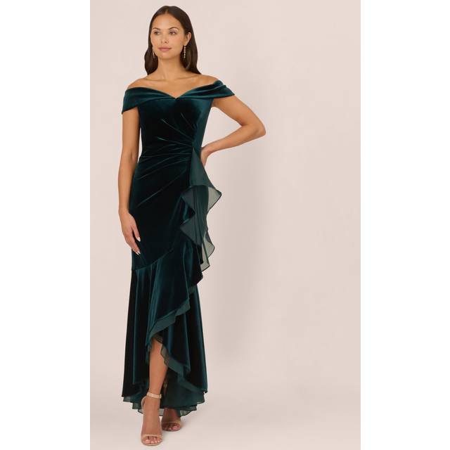 Adrianna Papell Velvet Off The Shoulder Maxi Dress, Dark Emerald
