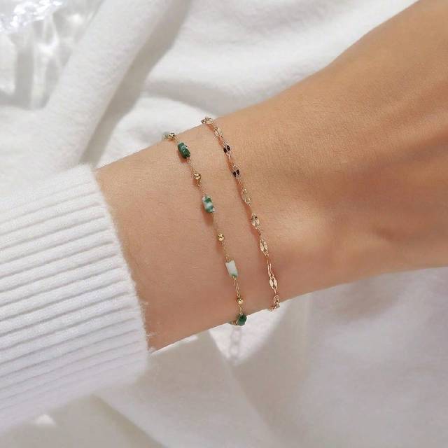 SHEIN 2pcs/Set Minimalist Natural Stone Tube Beaded Chain Bracelet For Women Daily & Vacation Wear