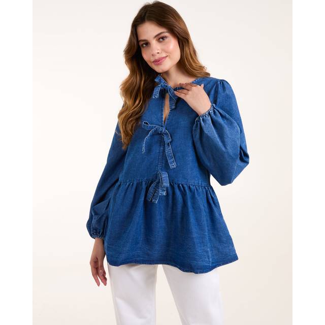 Tie Front Chambray Blouse - M / DENIM