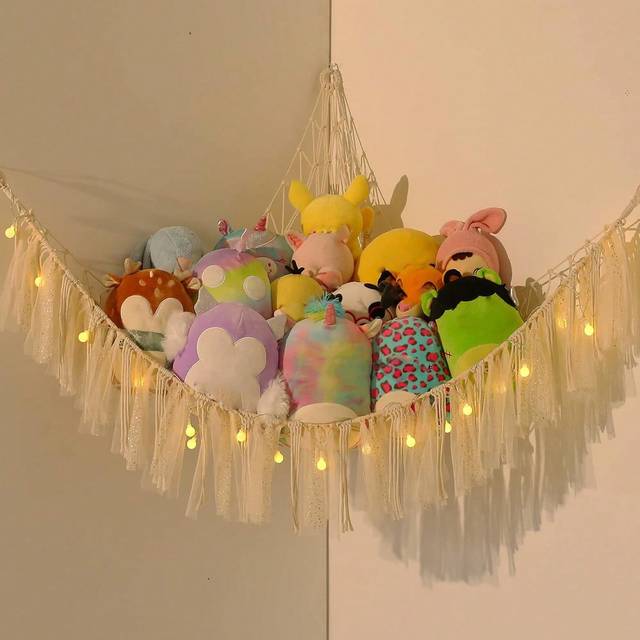 SHEIN Stuffed Animal Storage Macrame Boho Plush Toy Net Hammock For Stuffed Animals With Light Pet Net For Stuffed Animals Corner Hanging Stuffed Animal Hol