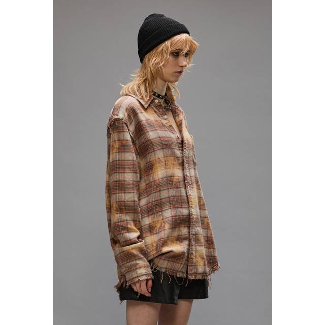 R13 Shredded Seam Shirt - Bleached Orange Plaid / XS - multi (XS)