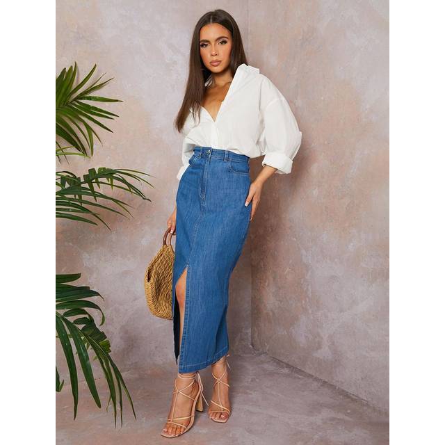 Split Hem Demin Maxi Skirt in Blue - 10