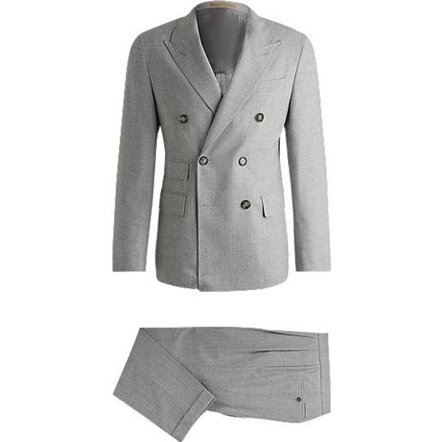 Slim-fit double-breasted suit in checked virgin wool - Light Grey