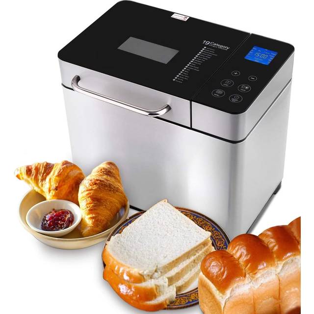 Brödbakare 710 W bakmästare med automatisk ingredienslåda, 19 program, rostfritt stål brödmaskin helautomatisk med 15 timmars timing-funktion, visningsfönster silver