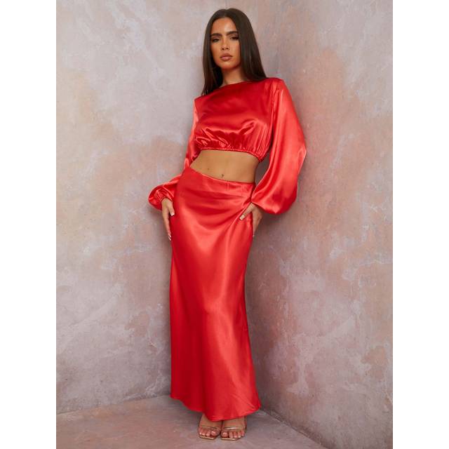 Satin Midi Slip Skirt in Red - 12