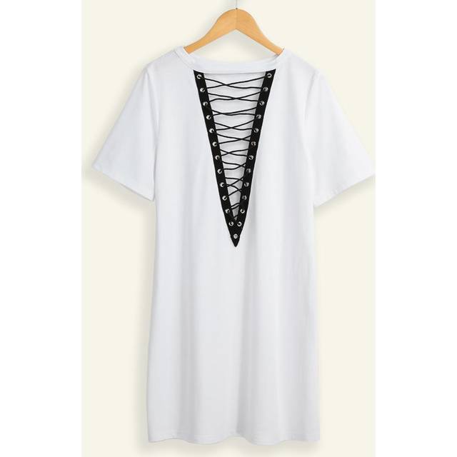 Women Lace Up Mini Dress Hollow Out Plunge V Short Sleeves Long TShirt Plus Size Casual Dress XXL white