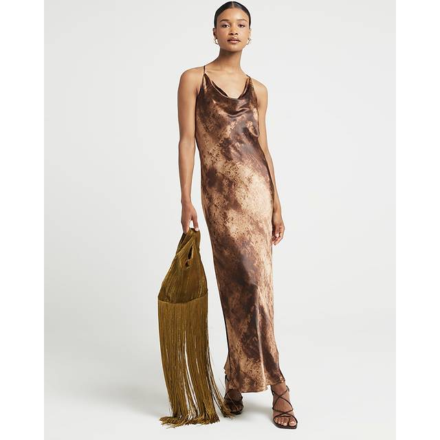 River Island Womens Brown Satin Cross Back Slip Midi Dress - 18
