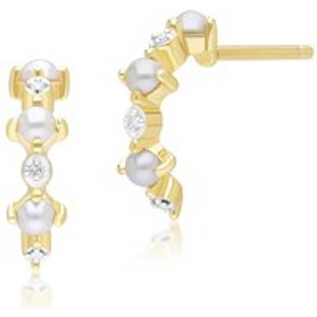 Classic Pearl & Diamond Half Eternity Hoop Earrings in 9ct Yellow Gold