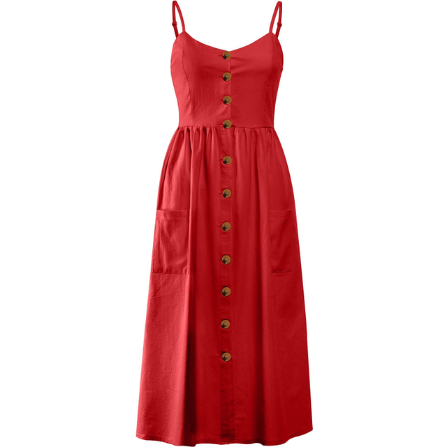 (L) Red Boho Cotton Casual Midi Sundress Women Summer Dress