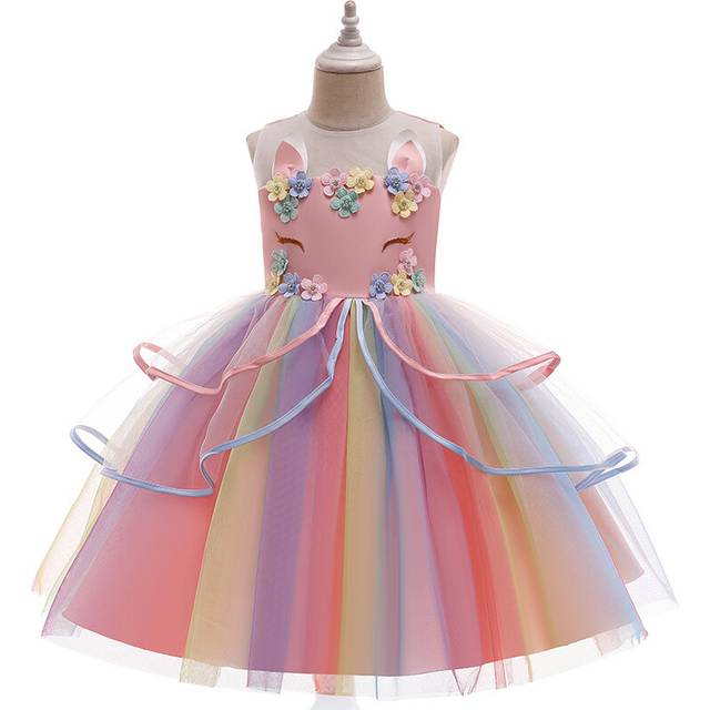 (Pink, 7-8Years) Unicorn Kids Girls Bow Mesh Princess dress UK