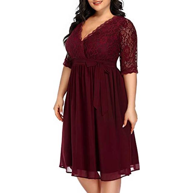 Pinup Fashion Plus Size cocktail Dresses Women Burgundy Red Lace Top c