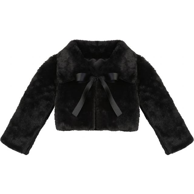 Lilax Girls Cozy Faux Fur Bolero Jacket Tied Ribbon Shrug (7, Black)