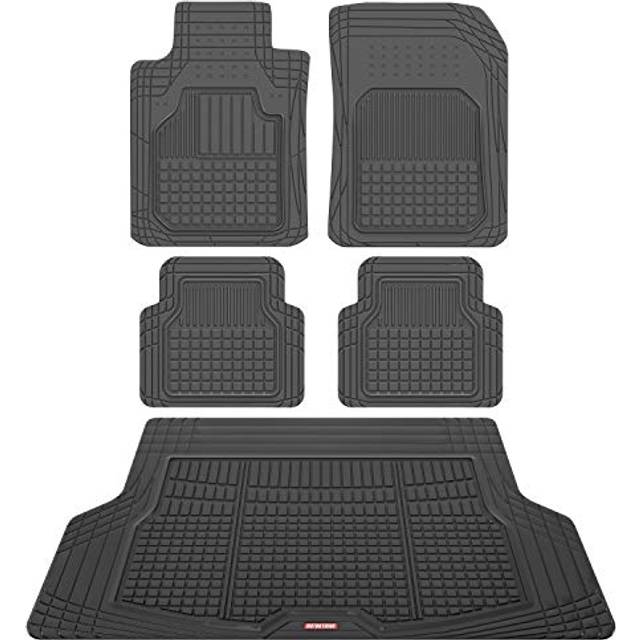 Motor Trend FlexTough Rubber Car Floor Mats and Rear Cargo Trunk Liner Mat  Full Set Trim-to-Fit Performance Heavy Duty Auto SUVs Trucks Cars Vans  No