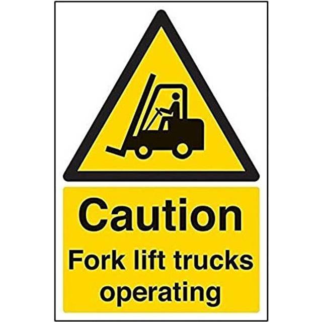 VSafety Caution Fork Lift Trucks Operating Sign - Portrait - 200mm x 300mm - 2mm Rigid Plastic