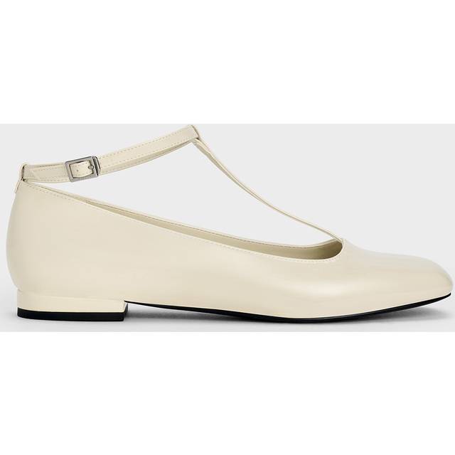 Charles & Keith - Patent T-Bar Ankle-Strap Ballet Flats - Chalk - UK 6