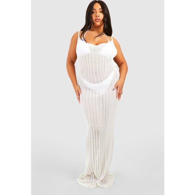 Womens Plus Crochet Ladder Cowl Neck Knitted Maxi Dress - White - 16