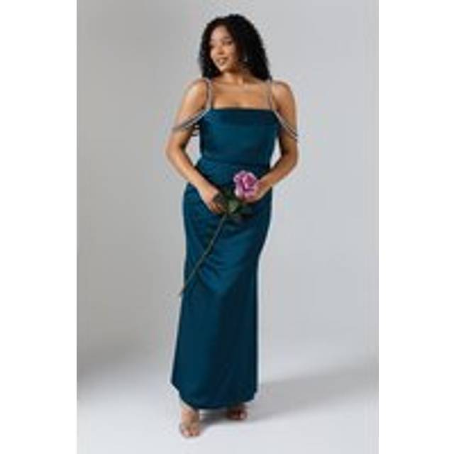 Diamante Trim Draped Shoulder Maxi Dress - Blue - 8
