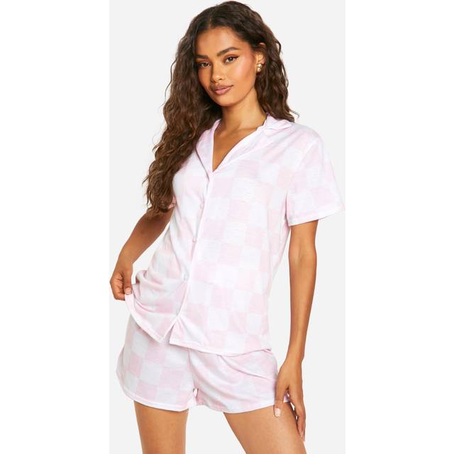 Womens Checkerboard Pyjama Shirt And Short Set - Pink - 10, Pink