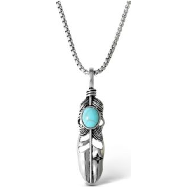 Jessica Simpson Womens Feather Necklace with Turquoise Stone - Silver-
