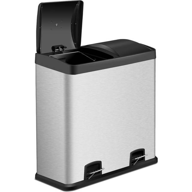 Costway - 60L Double Recycle Pedal Bin Stainless Steel Dual Step Trash Can Garbage Bin
