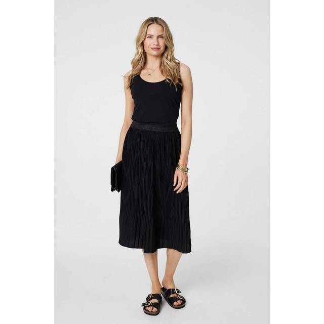 Pleated High Waist A-Line Midi Skirt - Black - Size 10 - Izabel London