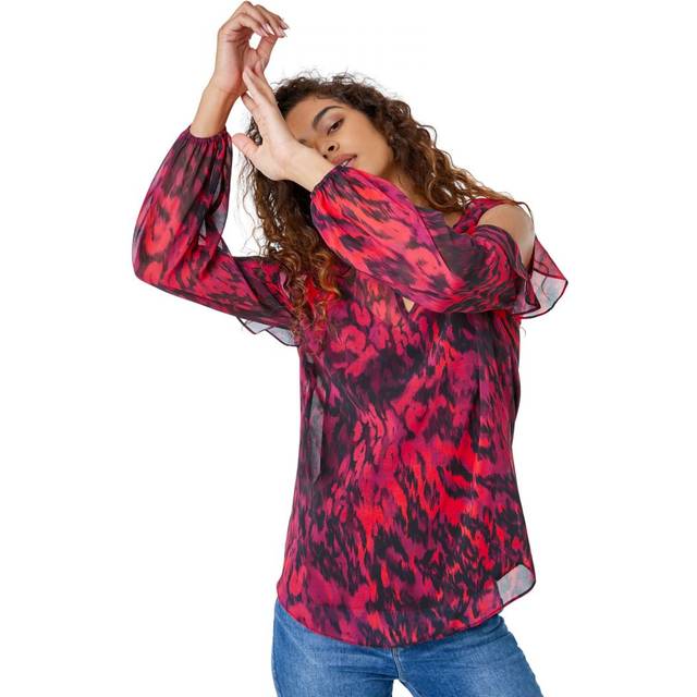 Roman Red Animal Cold Shoulder Chiffon Frill Top - Size 12