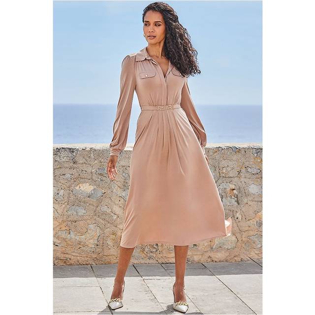 Sosandar Womens Camel Midi Shirt Jersey Dress With Gold Belt Detail - Brown - Size 12 UK