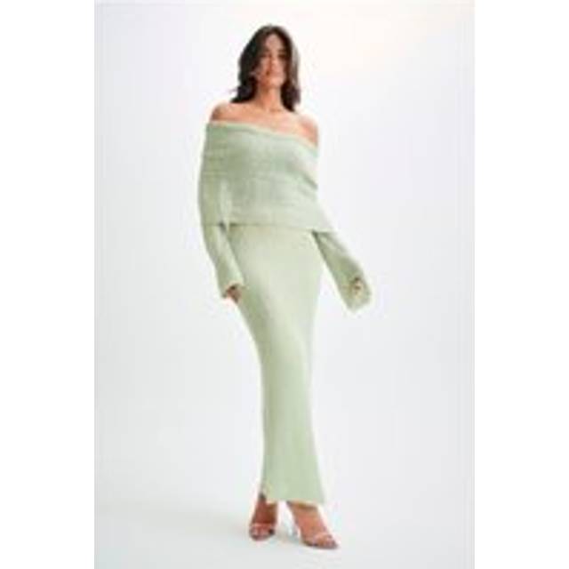 Marisol Off Shoulder Boucle Maxi Dress - Pastel Green - 3XL