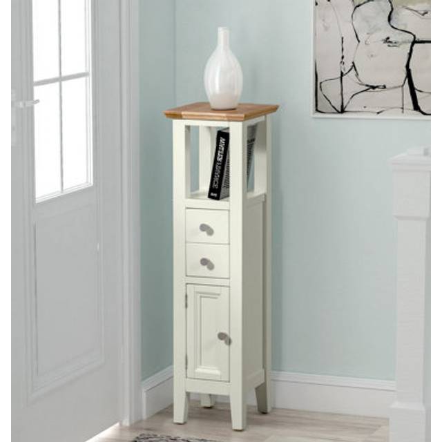 Hallowood Furniture - Clifton Oak Green Off White Cabinet with Light Oak Top, Bathroom Storage Unit with 2 Drawers & Cupboard, Tall Plant Stand,