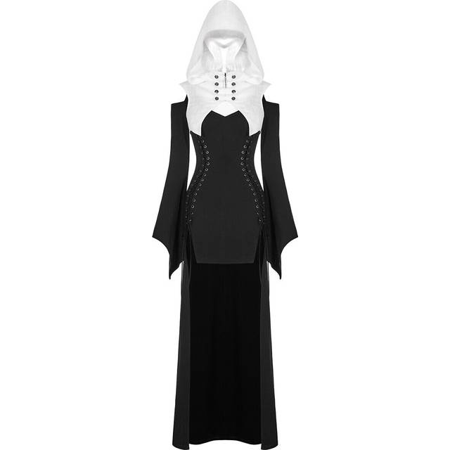 Punk rave womens gothic witch 2 piece hooded dress black white hi low nun habit