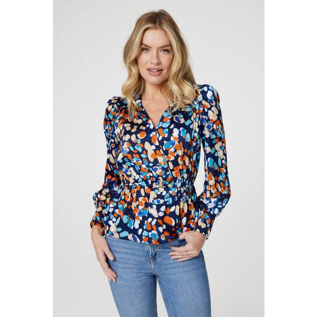 Printed Long Sleeve Peplum Blouse - Navy - Size 18 - Izabel London