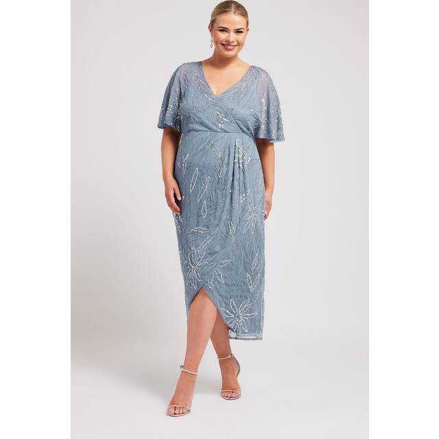 Luxe Curve Blue Embellished Wrap Midi Dress, Women's Curve & Plus Size, Luxe: Ultimate Embellishment - 22