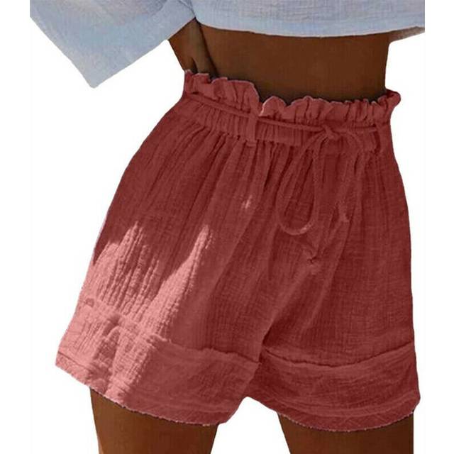(Red, S = UK Size 6) Womens Elastic Waist Cotton Linen Mini Shorts Ladies Wide Leg Short Pants Bottom
