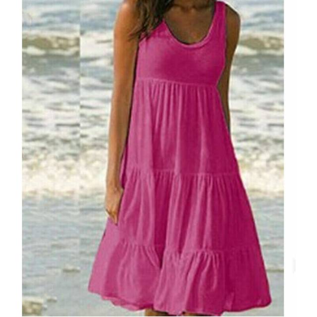 (Rose Red, 5XL UK SIZE 24) Womens Summer Smock Dress Ladies Holiday Beach Casual Loose Frill Mini Sundress
