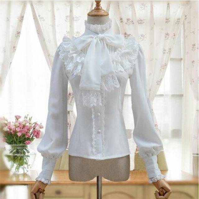 (2XL, Red) Vintage Women's Lolita Shirt Gothic Chiffon Ruffle Blouse Long Sleeve Blusas Black/White/Navy Blue/Burgundy