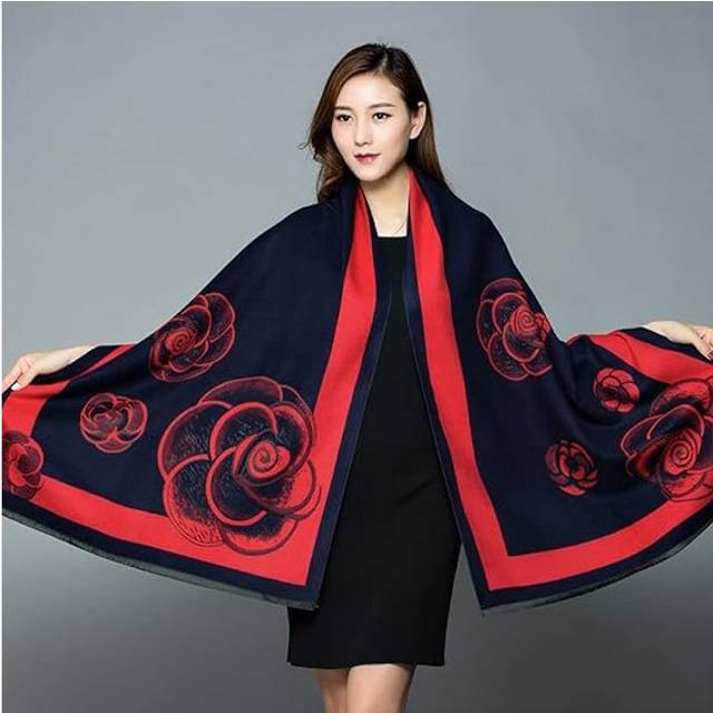 Women's fall and winter cold scarf retro navy blue rose jacquard red edge ethnic style warm soft cashmere touch scarf thickened blanket shawl scarf