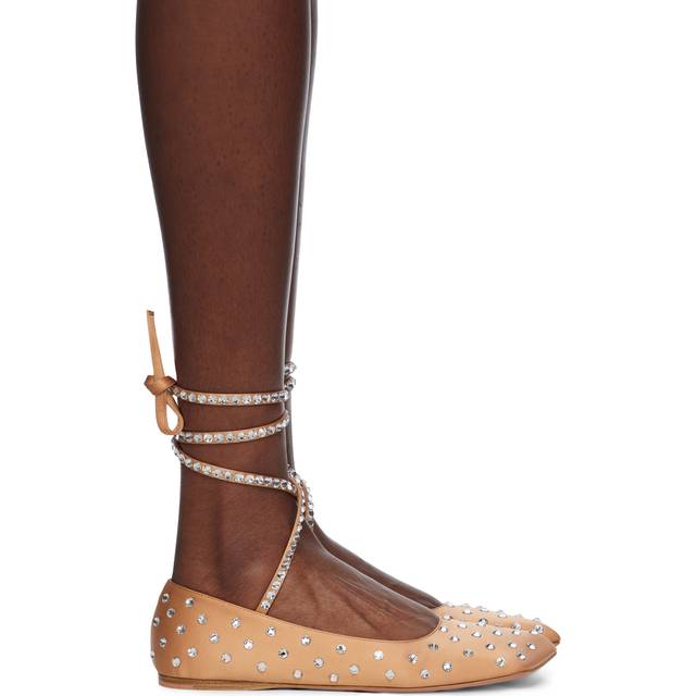 Amina Muaddi Beige Ane Crystal Lace Up Ballerina Flats - Latte - IT 35